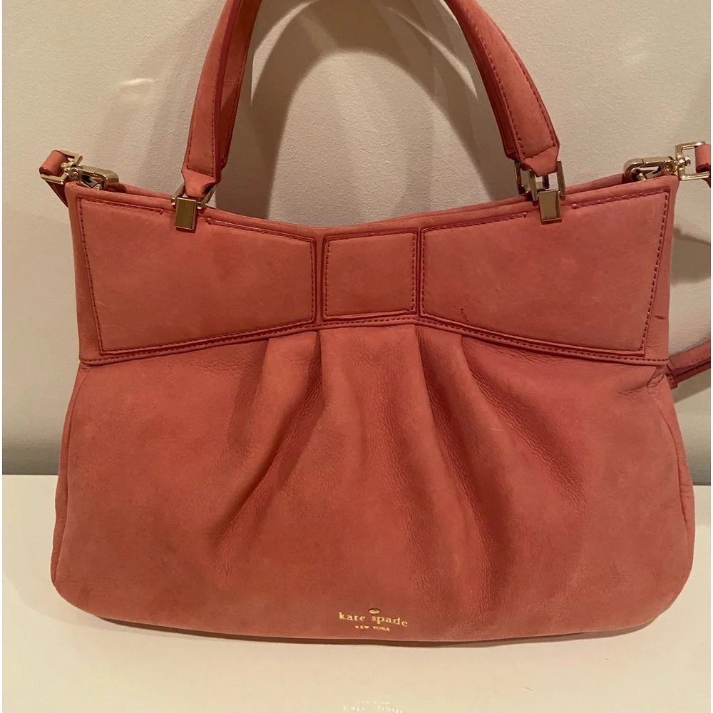 Authentic Kate Spade Madison Ave Suede Bow Pink Peach Color Handbag Satchel